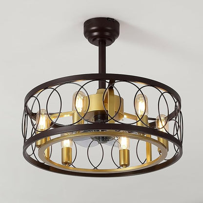 JONATHAN Y 21.6" Oil Rubbed Bronze/Gold Painting Caged Ceiling Fan with Lights, 6-Speed Industrial Farmhouse Flush Mount Fan with Remote and App Control, Metal Cage Shade, 6 LED Bulbs (JYL9732B)