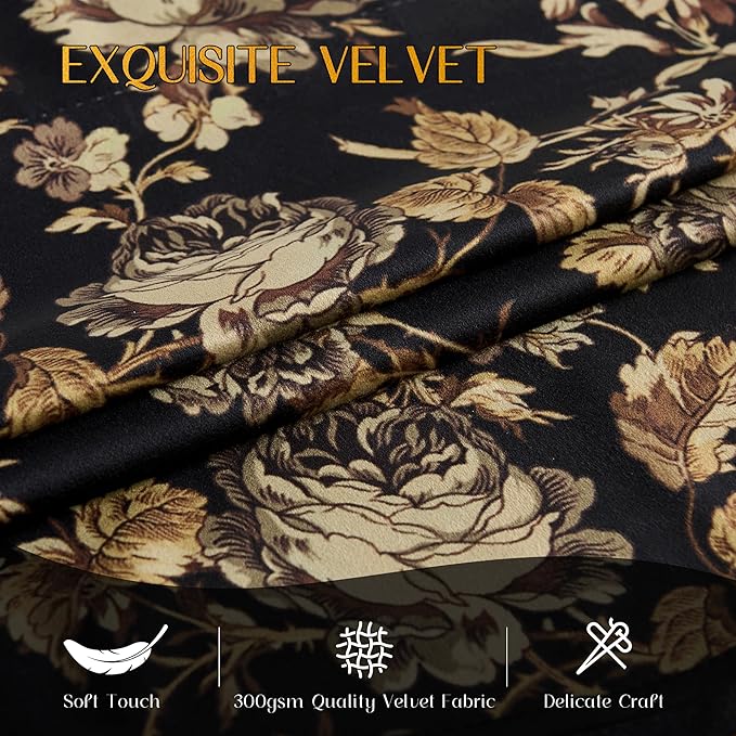 StangH Luxury Floral Printed Valance for Kitchen Window, Light Blocking Rod Pocket Velvet Drape Gold Scalloped Tier Curtain for Bedroom Living Room, W52 x L18, 1 Panel