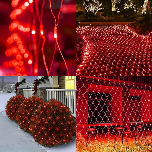 WATERGLIDE Outdoor Valentines Net Lights, 12FT x 5FT 360 LED Mesh String Light with 8 Lighting Mode, Connectable Waterproof Lights for Garden Tree Bushes, Christmas Wedding Party Decorations, Red