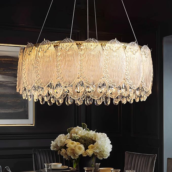 Drum Chandelier for Dining Room,24-ihch Modern Gold Drum Glass Chandeliers,Luxury Crystal Glass Pendant Ceiling Lighti for Foyer Living Room Bedroom