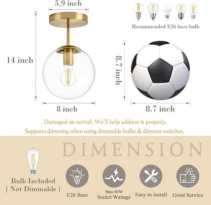 Bagood 8 Inch Gold Semi Flush Mount Ceiling Light Fixture Clear Glass Globe Ceiling Light Fixture Modern Hallway Light Fixtures Mid Century Ceiling Light Brass Finish for Entryway Bedroom (Bulb Incl.)