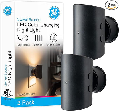 GE Directional Plug in Wall Sconce Night Light, Adjustable Swivel Accent Lighting with Dusk to Dawn Sensor, Dimmable Warm White & Optional Color Changing LEDs for Hallways & Bedrooms, 2-Pack, 83591
