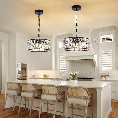 Modern Black Crystal Pendant Light 4-Light,Crystal Small Chandelier,12-Inch Small Round Semi Flush Mount Ceiling Light for Kitchen Island & Entryway