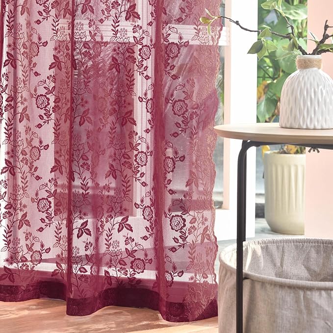 FINECITY Burgundy Sheer Curtains 63 Inch Length - 2 Panels Rustic Leaf Floral Patterned Red Wine Lace Curtains for Bedroom, Rod Pocket Privacy Light Filtering Merlot Sheer Window Drapes, 52 x 63 Inch