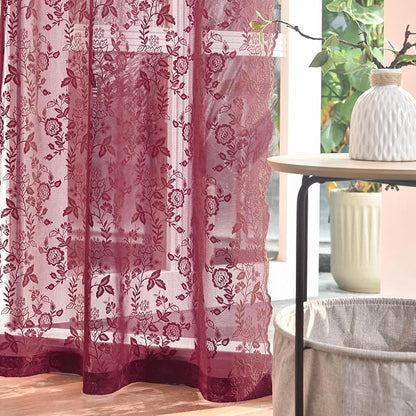FINECITY Burgundy Sheer Curtains 63 Inch Length - 2 Panels Rustic Leaf Floral Patterned Red Wine Lace Curtains for Bedroom, Rod Pocket Privacy Light Filtering Merlot Sheer Window Drapes, 52 x 63 Inch