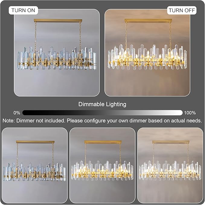 54" Rectangular Chandelier, 24-Light Gold Modern Crystal Chandelier for Dining Room, Kitchen Island, Living Room, Luxury K9 Crystal Adjustable Chain Chandelier Light Fixture