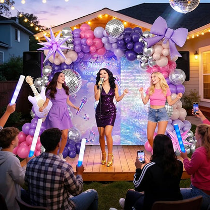 JOGAMS 171Pcs Kpop Balloons Arch Kit, Idol Stage Style Pink Purple Silver Disco Balloon Garland with Bow Guitar Star Music Note Foil Balloons for K-Pop Music Disco Theme Birthday Concert-Style Stage