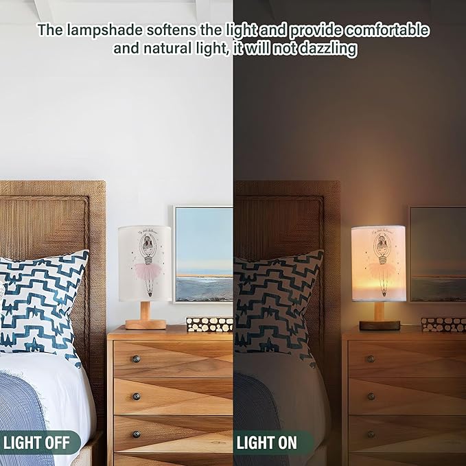 Table Lamp Cute Ballerina Girl Princess Dancing Ballet with Heart Nightstand Lamp with Wood Base Fabric Lamp Shade Bedside Desk Lamp for Living Room Bedroom Kids Room Office