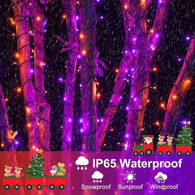 Orange and Purple String Lights, 66FT 200 LED Outdoor String Lights Waterproof with 8 Modes, Connectable Plug in Fairy Light for Outside Indoor Home Garden Patio Party Holiday Decorations