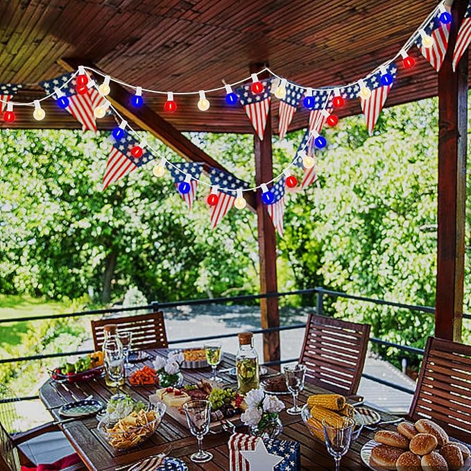 25Ft G40 LED Red White and Blue String Lights Outdoor,4th of July Decoration Lights with 27 LED Shatterproof Globe Bulbs, Hanging Patio Patriotic String Lights for Backyard Party Independence Day
