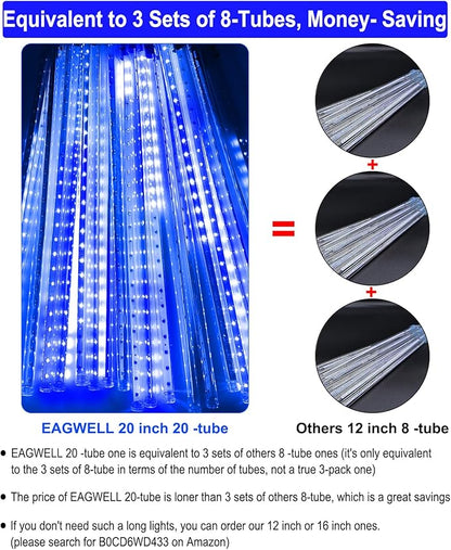 EAGWELL Christmas Lights Outdoor, 20 Inch 20 Tubes 1080 LED Blue Meteor Shower Lights, Cascading Snow Falling Icicle for Xmas Tree Yard Halloween Wedding Party Decor