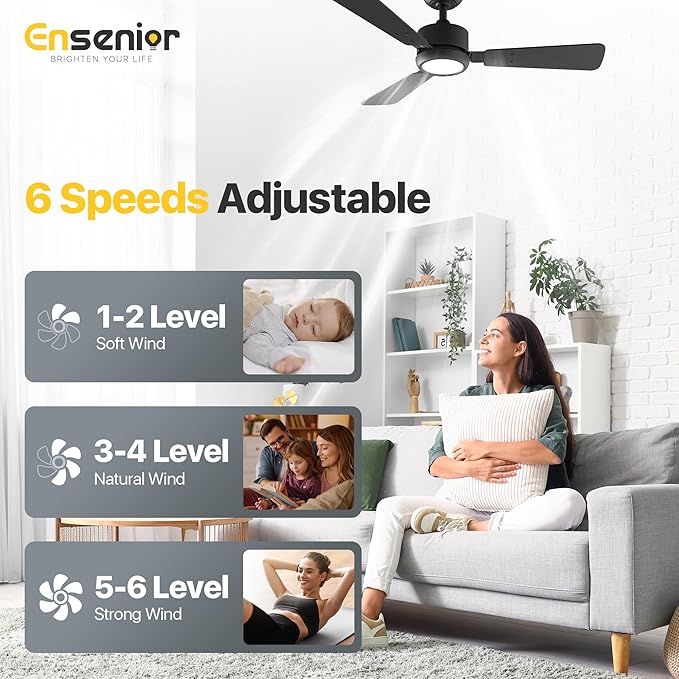 Ensenior 42 Inch Ceiling Fans with Lights and Remote, Small Bedroom Ceiling Fan with 3 Reversible Blades (Black/Wood), Quiet DC Motor, 6 Speeds, 3 Color, Memory Function, Modern Fan for Home, Black