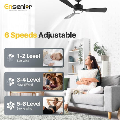 Ensenior 42 Inch Ceiling Fans with Lights and Remote, Small Bedroom Ceiling Fan with 3 Reversible Blades (Black/Wood), Quiet DC Motor, 6 Speeds, 3 Color, Memory Function, Modern Fan for Home, Black
