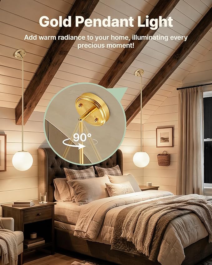 Majade 7.4" Globe Pendant Light Gold Mid Century Modern Pendant Lights Fixture Kitchen Island Lighting with Milk Glass Shade Brushed Brass Finished Adjustable Hanging Light for Dining Room
