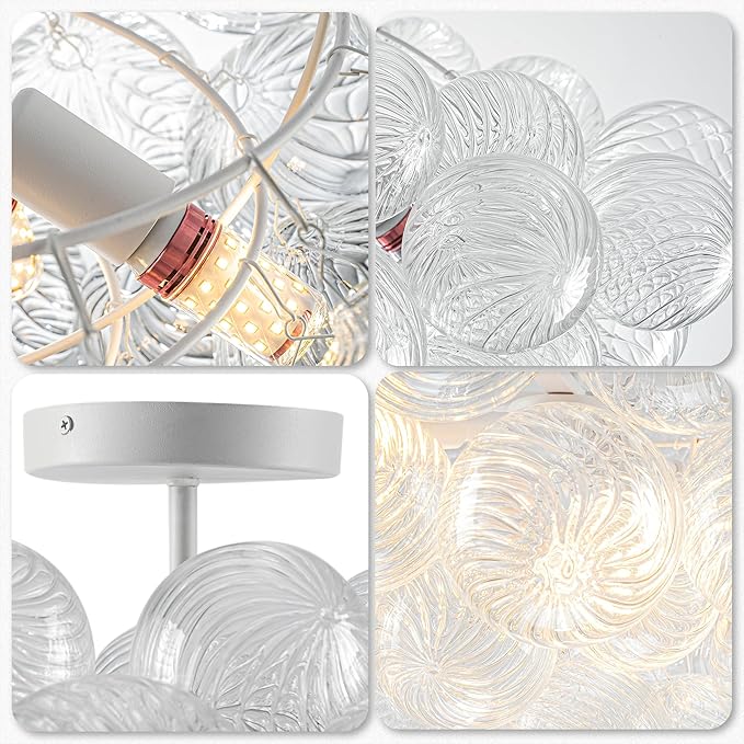 Hand Blown Glass Bubble Ball Chandelier White Finish 24" Semi-Flush Mount Ceiling Lights Art Deco Cluster Ribbed Glass Globe Chandeliers Light Fixture for Dining Living Hall Entry Foyer