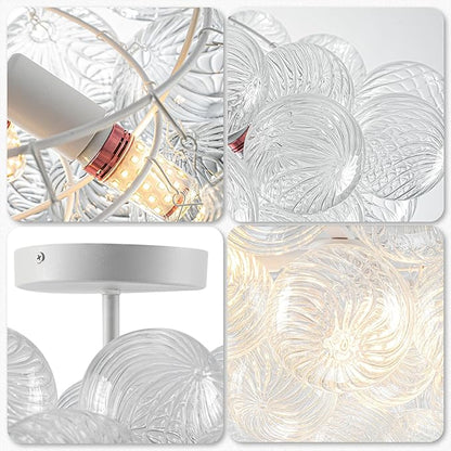 Hand Blown Glass Bubble Ball Chandelier White Finish 24" Semi-Flush Mount Ceiling Lights Art Deco Cluster Ribbed Glass Globe Chandeliers Light Fixture for Dining Living Hall Entry Foyer