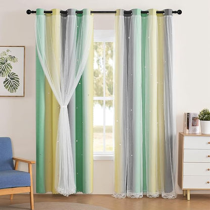 XiDi Grey Green Yellow Curtains 84 Inches Long for Girls Bedroom 2 Panels Set, Blackout Rainbow Curtains for Kids Room Decor, Unicorn Wall Decals Drapes for Little Girl Nursery Room 34 Inches Wide