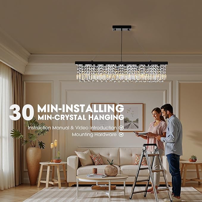 Black Modern Crystal Chandeliers for Dining Room Kitchen Island Light Fixture, 8-Light Rectangle Chandelier for Living Room, L39.4 Inch