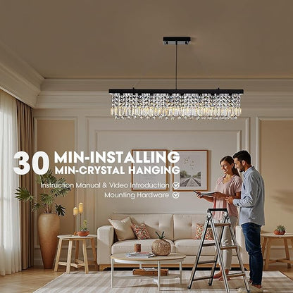 Black Modern Crystal Chandeliers for Dining Room Kitchen Island Light Fixture, 8-Light Rectangle Chandelier for Living Room, L39.4 Inch