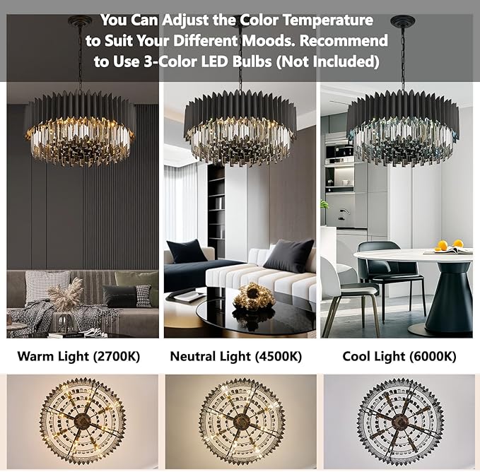 8-Light Large Crystal Chandeliers 24" Dining Room Light Fixture 5 Tiers Flush Mount Smoke Gray and Black Crystal Chandelier Round Pendant Light for Kitchen Living Room Entryway Foyer