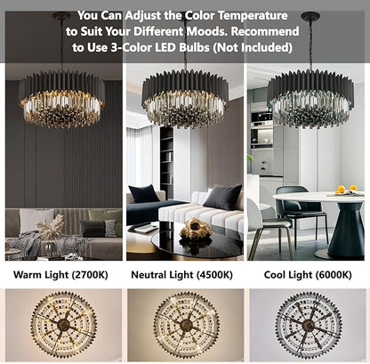 8-Light Large Crystal Chandeliers 24" Dining Room Light Fixture 5 Tiers Flush Mount Smoke Gray and Black Crystal Chandelier Round Pendant Light for Kitchen Living Room Entryway Foyer