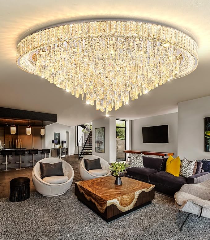 47" Modern Chandeliers LED Dimmable Crystal Flush Mount Ceiling Chandeliers for Living Room High Ceiling Entrance Foyer Lobby Bedroom Silver