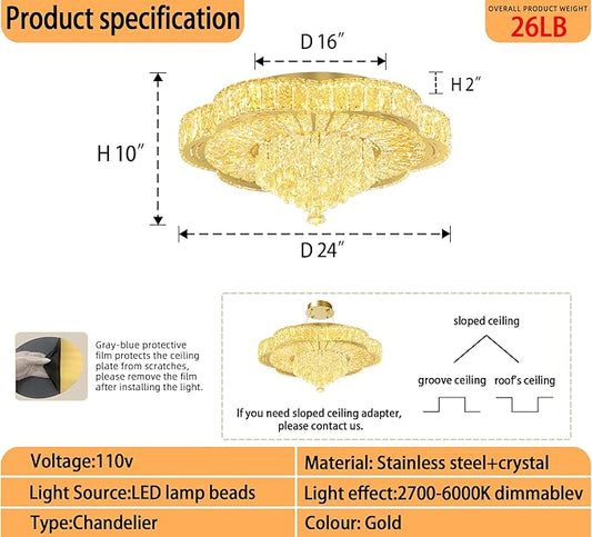 24in Gold Crystal Chandeliers for Living Room Dining Room Crystal Ceiling Light Fixtures Modern LED Flush Mount Light Dimmable 2700k-6000k