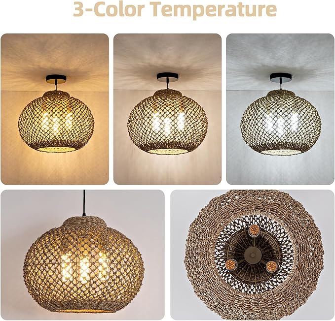 3-Light Rattan Pendant Light, 16.54" Hand-Woven Wicker Chandelier, Boho Basket Pendant Light for Dining Room Bedroom, Living Room, Bedroom, Kitchen, Farmhouse