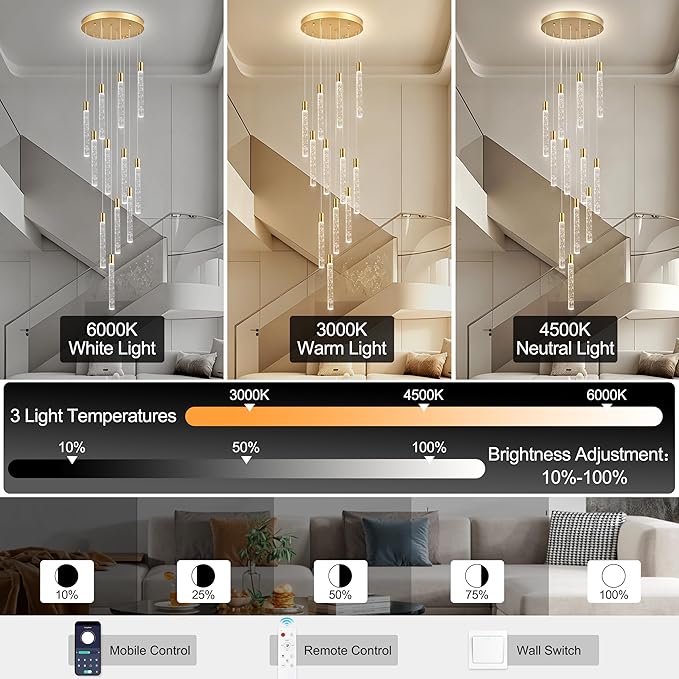 12-Lights Bubble Chandelier for Entryway High Ceiling-137 Height Adjustable Crystal Chandelier,3 Color Temperature Dimmable LED Pendant Light Fixture for Foyer Living Room Staircase,Gold