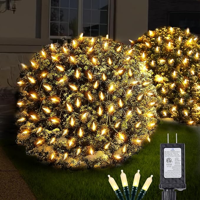 Neoclassy 120Led Christmas Net Lights Outdoor 5ft x 6ft Connectable, 8 Modes Waterproof Black Wire 29V Plug in Mesh Net Christmas Lights for Garden, Yard, Bushes, Trunk, Xmas Tree Decor (Warm White)