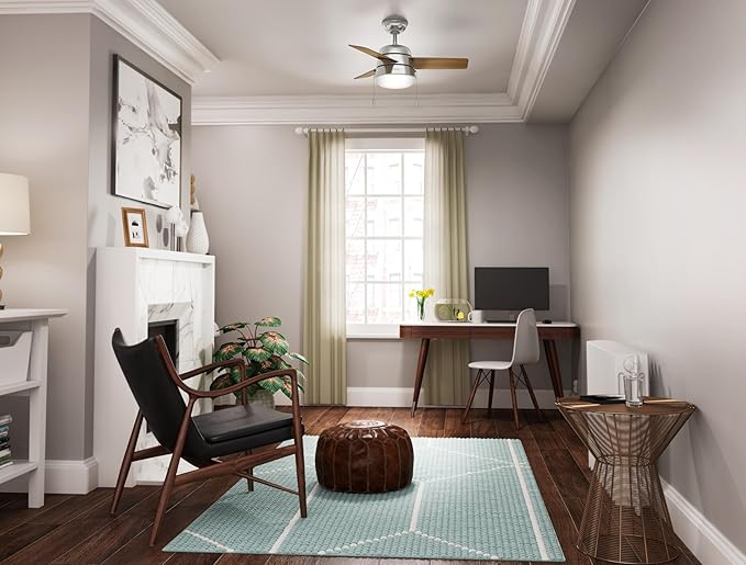 Hunter 36 inch Small Indoor Ceiling Fan with LED Light and Pull Chain - Modern Ceiling Fan, Standard Mount, 3 Blades, For Bedroom, Home Office, or Laundry Room, Quiet - Aker 59303, Brushed Nickel
