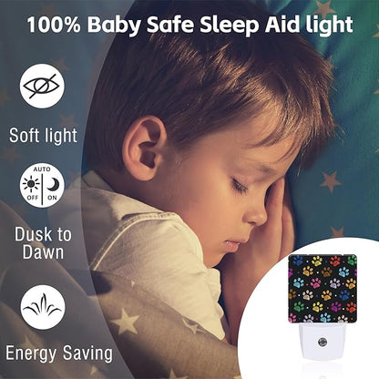 Colorful Paw Prints Night Light Plug into Wall, Animal Footprints Dusk to Dawn Night Light Plug in,0.5w Energy Saving Sleep Friendly NightLight for Kids Boys Girls Home Decor