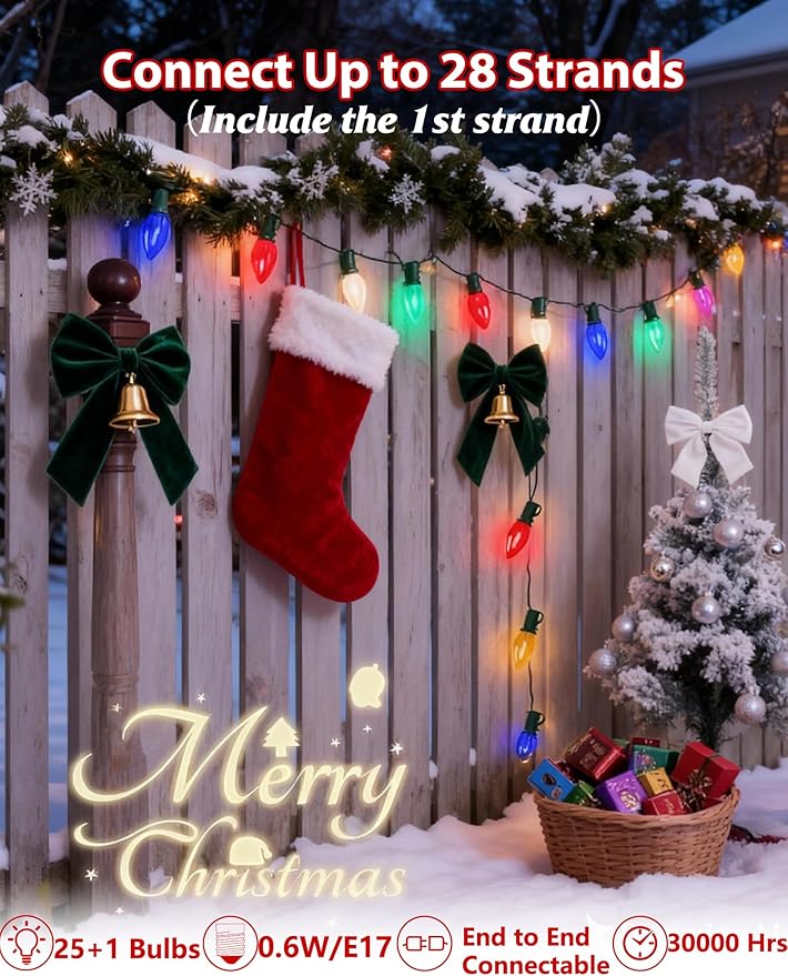 C9 LED Christmas Lights Outdoor,25FT Multicolored Christmas Lights with 26 Colorful Clear Multicolor LED Bulbs,Connectable Old Fashioned Xmas light for Garden Patio Xmas Tree Party Home Decor