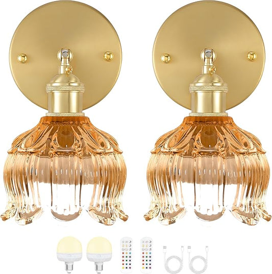 Wireless Wall Sconce with Flower lampshade, Battery Operated Wall Lights,Wall lamp with 15 Colors for Bedroom Living Room Home Decor (Amber, 2 Light Battery Operated)