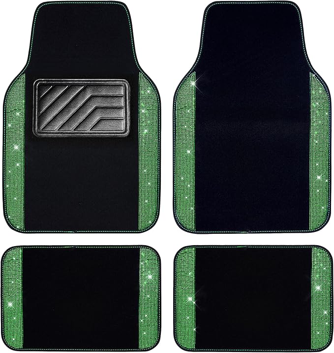 CAR PASS Shining Rhinestones Carpet, Bling Crystal Diamond Sparkly Glitter Car Floor Mats with Anti-Slip PVC Heel Pad Automotive Universal for SUV,Sedan,Car,Van,4pcs for Girl Women Green Diamond