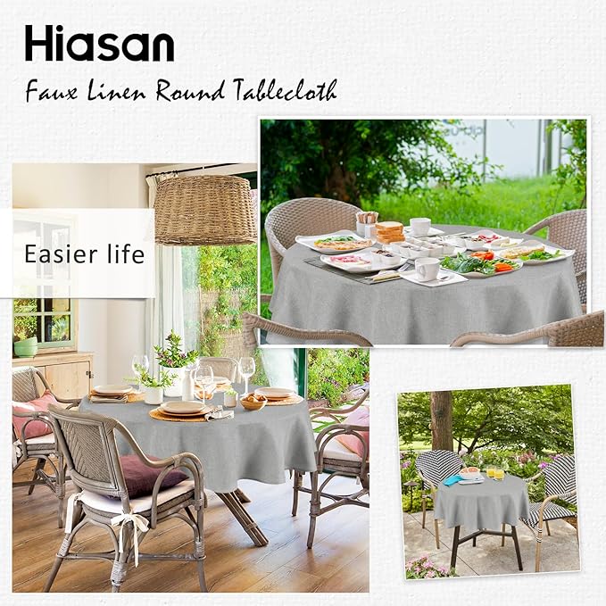 Hiasan Round Linen Tablecloth 50 Inch - Wrinkle and Stain Resistant Washable Polyester Fabric Table Cloth for Dining Room Kitchen Party, Light Grey