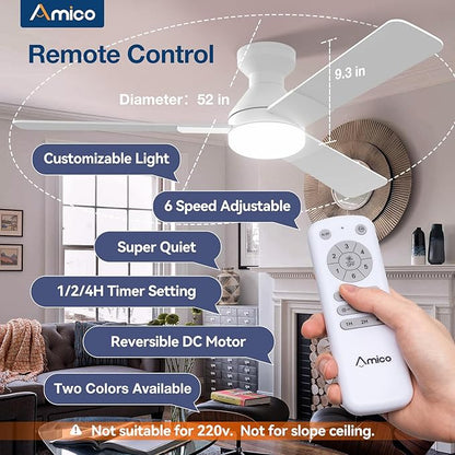 Amico Ceiling Fans with Lights, 52 inch Low Profile Ceiling fan with Light and Remote Control, Flush Mount, Reversible, 3CCT, Dimmable, Noiseless, White Ceiling Fan for Bedroom, Indoor/Outdoor Use
