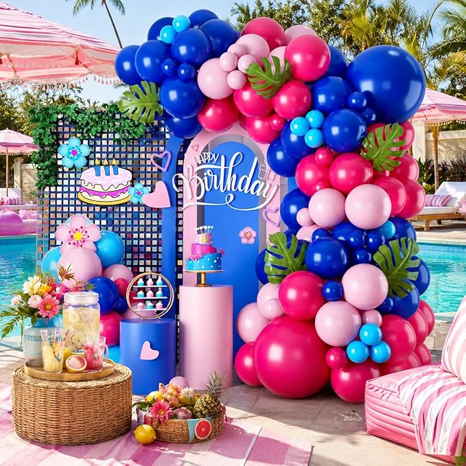 Blue Balloon Arch Kit,Royal Light Blue Hot Pink Balloons with Palm Leaves for Girl Boy Themed Birthday Party Decorations Baby Shower Graduation Summer Pool Hawaii Tropical Party Supplies