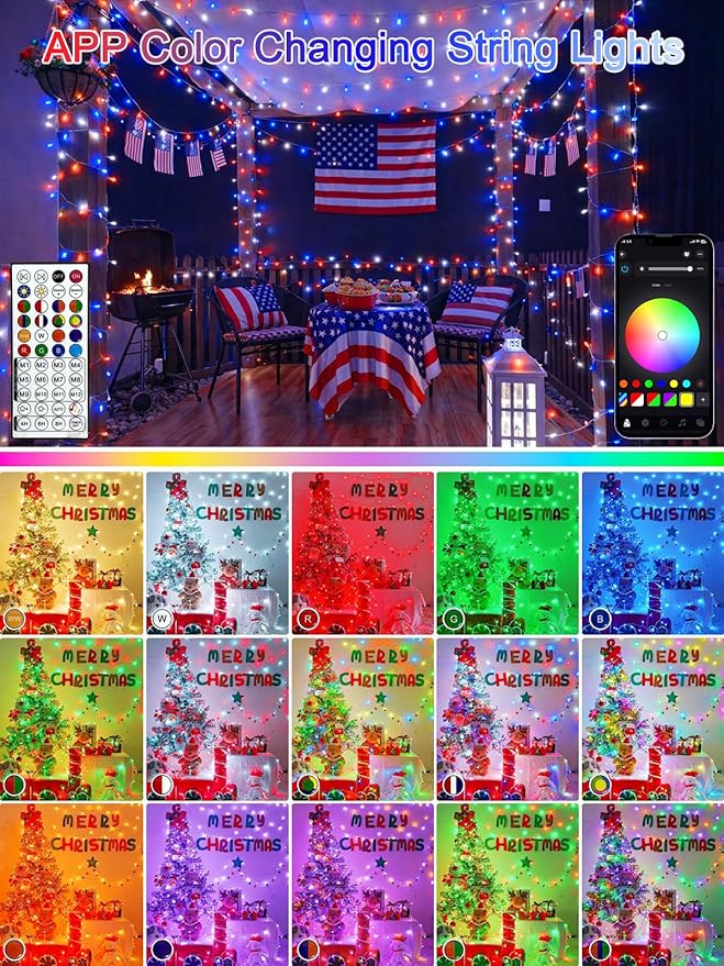 Smart Color Changing 4th of July Lights with Remote & App, 132FT 400LED Red White and Blue Twinkle Lights with Timer, RGB Patriotic Fairy String Light Waterproof Indoor Outdoor Independence Day Decor