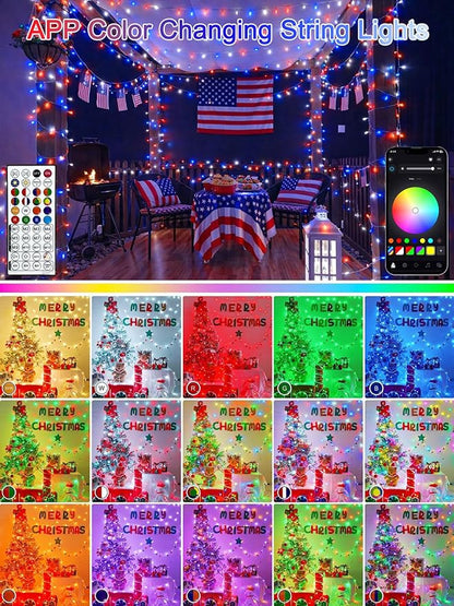 Smart Color Changing 4th of July Lights with Remote & App, 132FT 400LED Red White and Blue Twinkle Lights with Timer, RGB Patriotic Fairy String Light Waterproof Indoor Outdoor Independence Day Decor