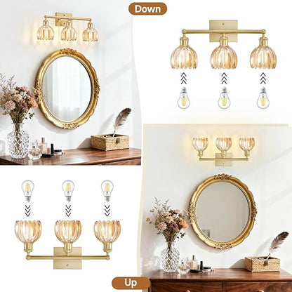 Bathroom Vanity Light 3 Light, 20 in Brushed Brass Bathroom Light Fixtures, Vintage Wall Sconces,Bath Vanity Lights Over Mirror with Amber Tulip Glass Shade for Bedroom Living Room,E26 Base