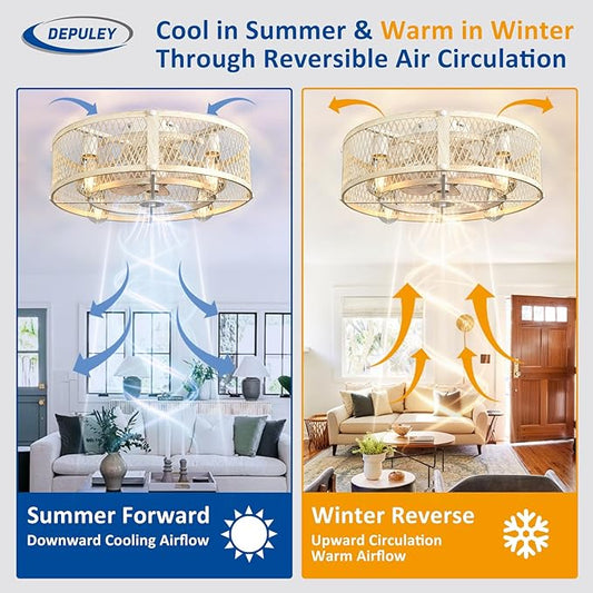 Depuley Flush Mount Ceiling Fan: 20" Caged Ceiling Fans with Lights and Remote Control for Kitchen Bedroom Farmhouse - Rustic Low Profile Ceiling Fandelier Lights Reversible 6 Speed Timer Cement