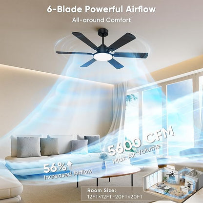 52 Inch Ceiling Fans with Lights, Upgraded 6 Blade Design, Remote Control, Ultra Quiet Reversible DC Motor, 6 Speeds, 3CCT Dimmable LED, Memory Function, Double Sided Blade for Bedroom Livingroom