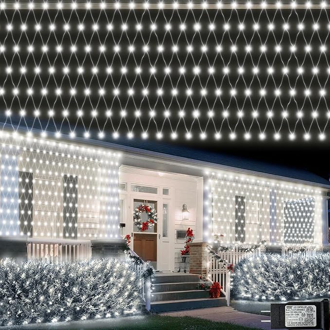 Pooqla 610 LED Christmas Net Lights, 34.5x5ft Outdoor Mesh Lighting, 8 Modes Waterproof Connectable Twinkle Strings for Bushes Yard Decor, Cool White