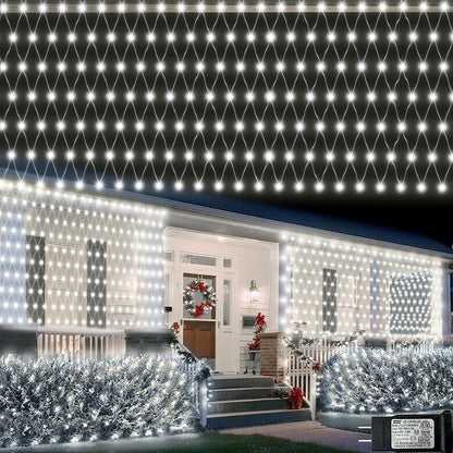 Pooqla 610 LED Christmas Net Lights, 34.5x5ft Outdoor Mesh Lighting, 8 Modes Waterproof Connectable Twinkle Strings for Bushes Yard Decor, Cool White