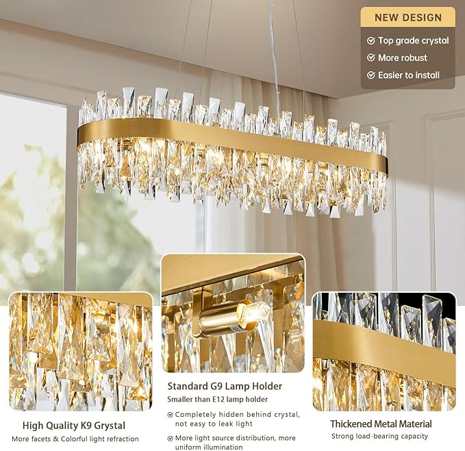 Modern Brass Gold Crystal Chandelier, Rectangle K9 Crystal Raindrop Chandelier Lights, Contemporary Ceiling Hanging Light Fixtures for Kitchen Island Dining Room, Length 35.4 inches