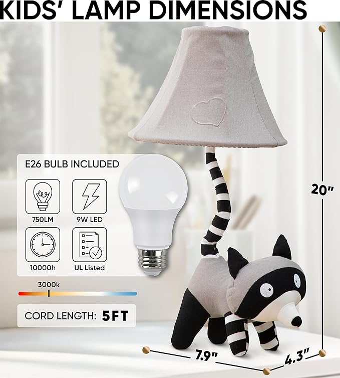 Raccoon Kids Lamp for Boys Bedroom - 20", Animal Lamp for Kids Room - Cute Christmas Gifts, Birthday Gifts for All Ages: Toddler Girls, Children, Grandkids 3 4 5 and Up Years Old, Sister, Brother