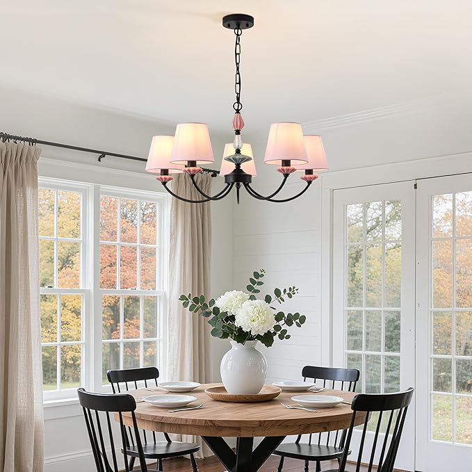 Pink Chandelier for Bedroom Light Fixture，Art Deco Chandelier with Fabric Shade,Antique Modern Chandeliers paired with Ceramic，Black Chandelier for Girls Bedroom，Living Room，Dining Room