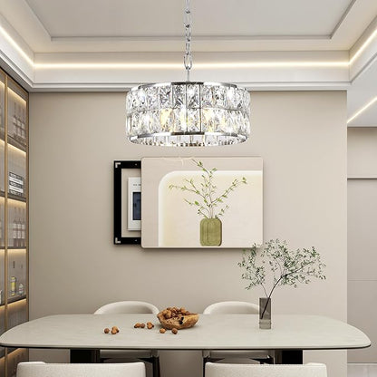 Modern Small Crystal Chandelier, 4-Light Round Pendant with Chrome Finish, Semi-Flush Mount Ceiling Light, 12" Diameter, Chrome Chandelier for Dining Areas, Kitchens & Hallways