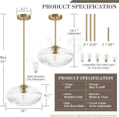 12" Clear Glass Modern Pendant Light Kitchen Island 2 Pack Brushed Gold Mid Century Modern Pendant Lighting with Clear Glass Hanging Pendant Light for Dining Room（Bulb Incl.）